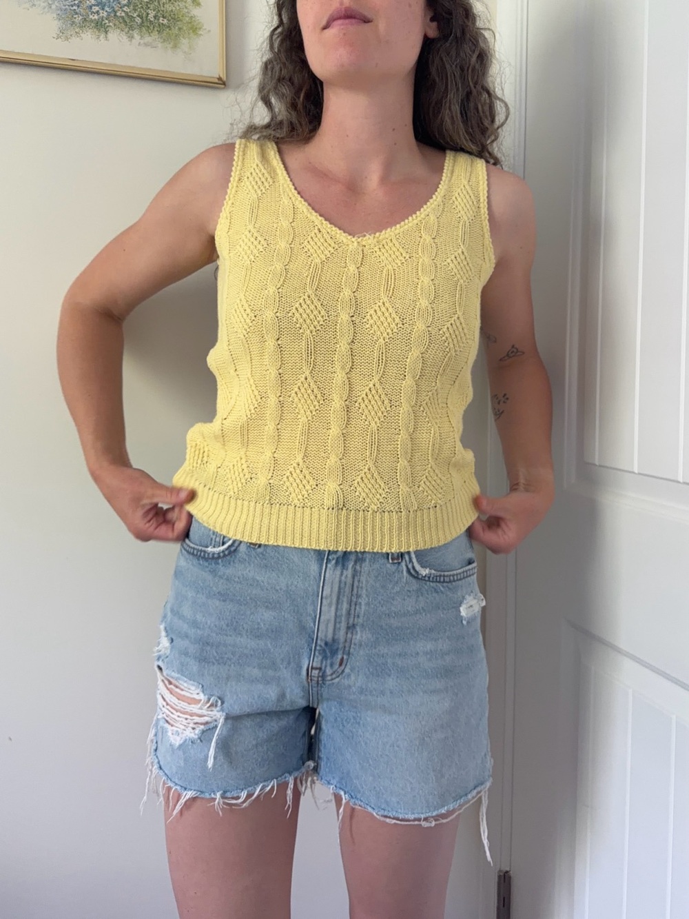 Vintage Yellow Cable-Knit V-Neck Sweater Tank